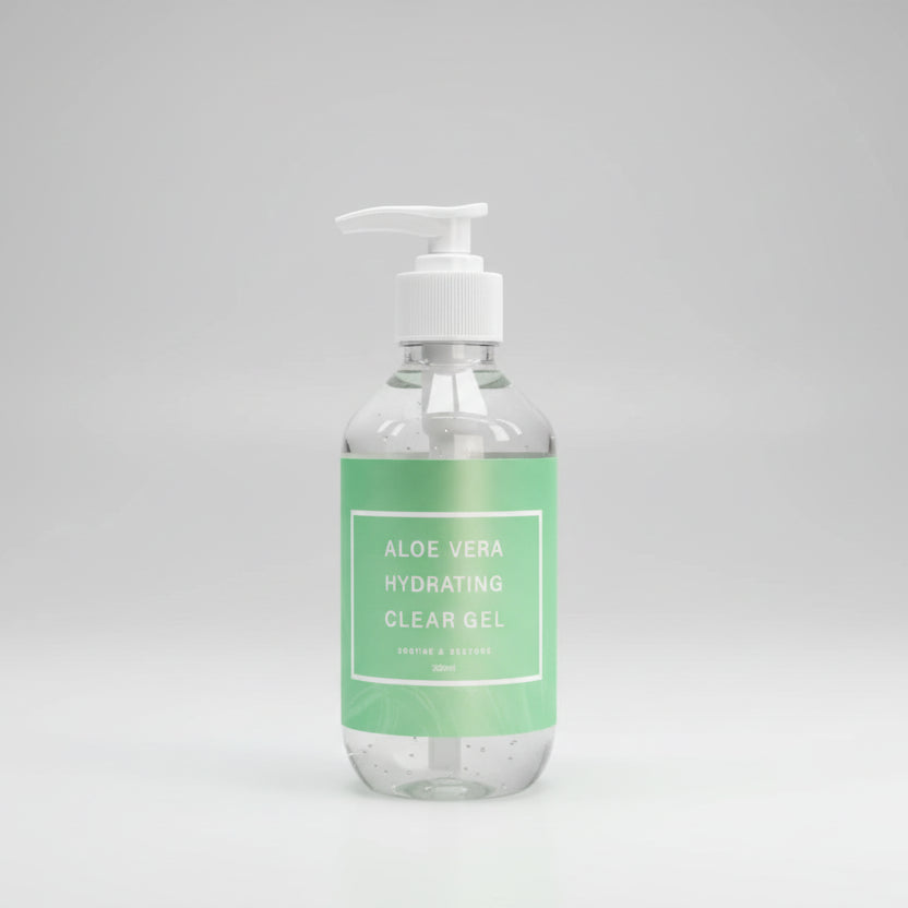 A pump bottle of Barneys Aloe Vera Hydrating Clear Gel, with a white label on the front.
