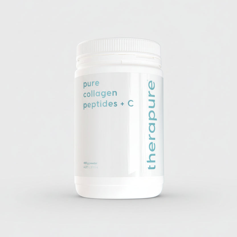 White container of therapure pure collagen peptides + C on a white background