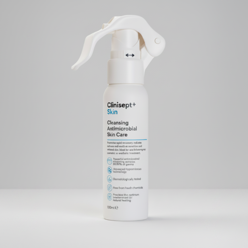 Clinisept+ Skin cleansing antimicrobial skin care spray bottle on a white background