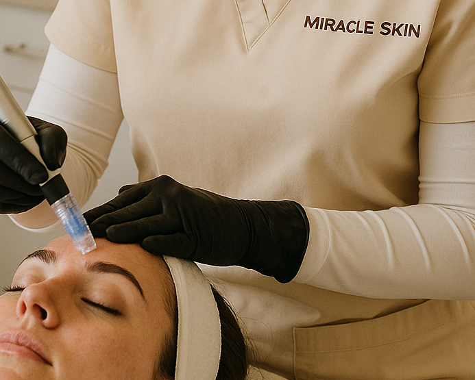 Person receiving a facial treatment in a skincare clinic.