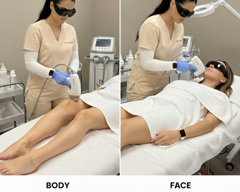 Two stages of a cosmetic procedure, one on the body and one on the face, with a technician applying a treatment.