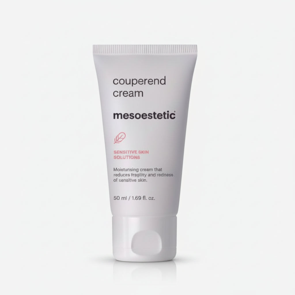 A 50 ml squeeze tube of Mesoestetic Couperend Cream on a solid white background. The tube is light gray with black text and a small pink leaf logo.