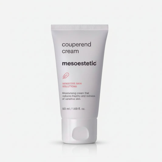 A 50 ml squeeze tube of Mesoestetic Couperend Cream on a solid white background. The tube is light gray with black text and a small pink leaf logo.