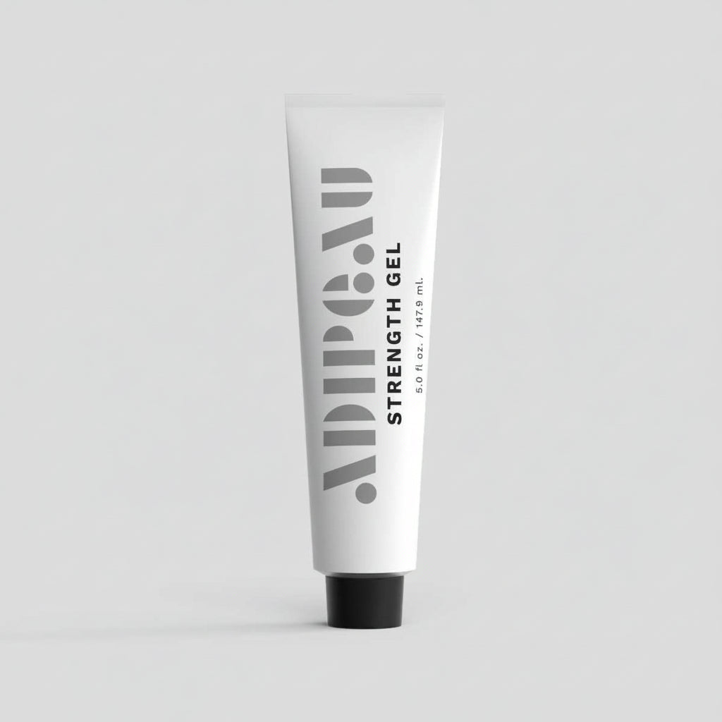 Tube of strength gel with brand name on a light gray background