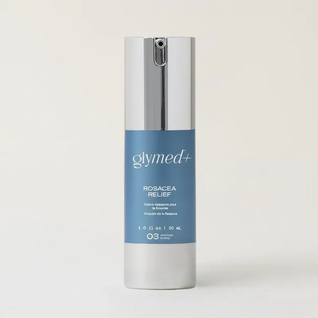 A 30 mL bottle of glymed+ Rosacea Relief skincare cream, featuring a metallic silver pump and a light blue label with white text, set against a clean, light beige background.