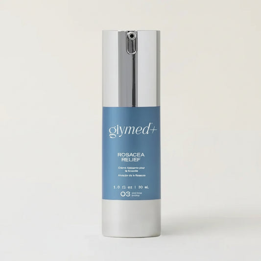 A 30 mL bottle of glymed+ Rosacea Relief skincare cream, featuring a metallic silver pump and a light blue label with white text, set against a clean, light beige background.