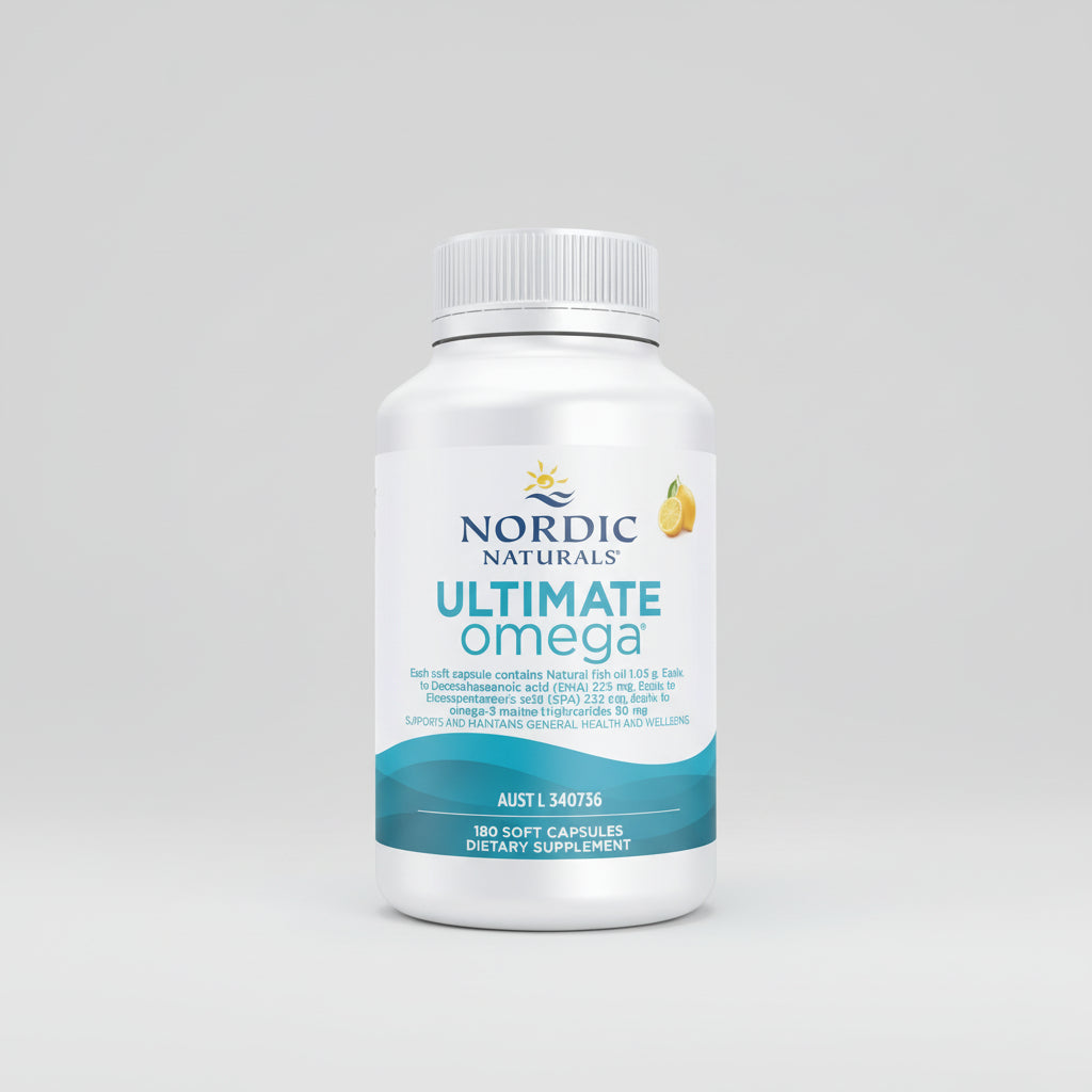 Nordic Naturals Ultimate Omega dietary supplement bottle on a beige background