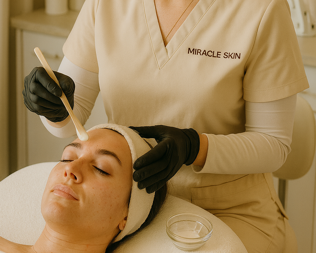 Skincare professional performing a facial treatment on a client in a professional setting.