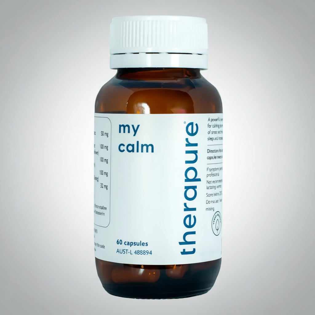 Bottle of Therapure my calm capsules on a white background